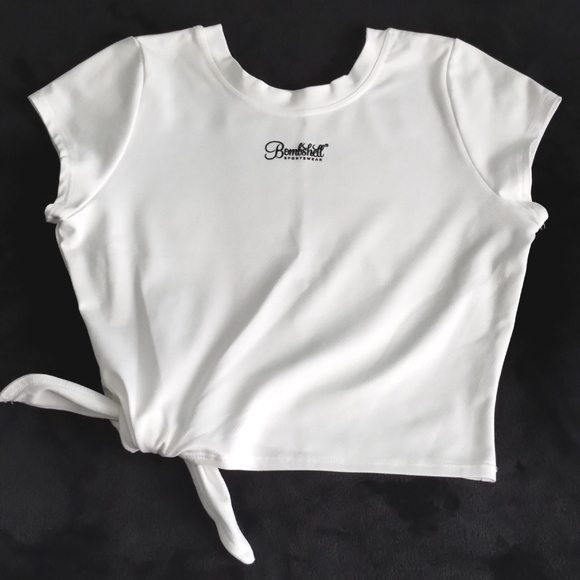 Bombshell Mesh Tee White with Black Logo & Side Tie - Picture 4 of 11